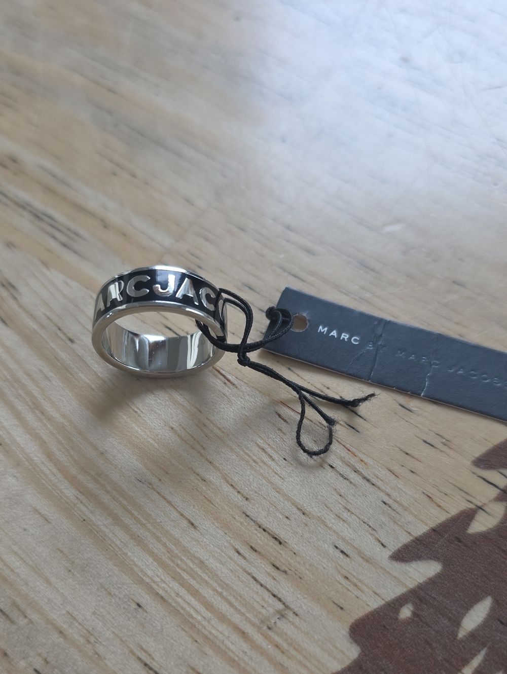 Marc Jacobs Silver Band Ring with Black Logo Inlay
